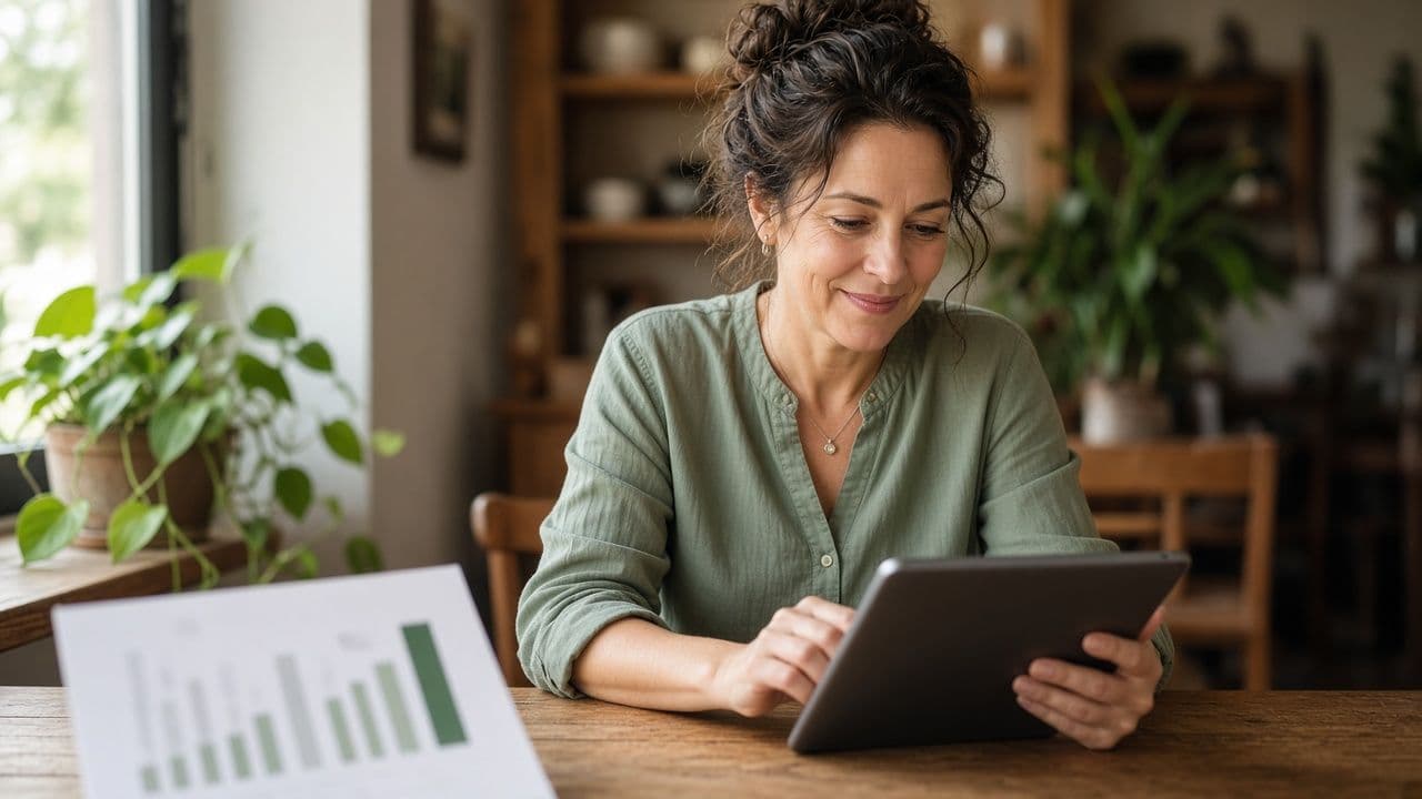 A woman reviewing figures on a tablet