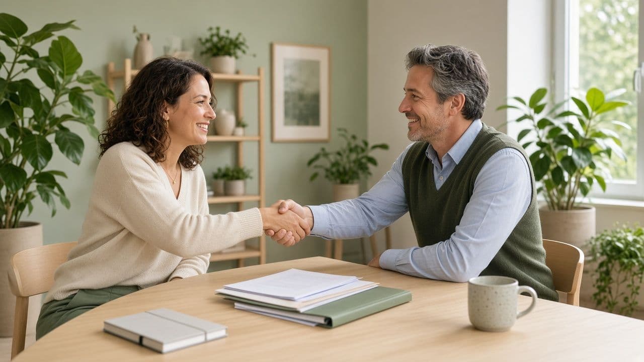 An owner and an accountant shaking hands across a table