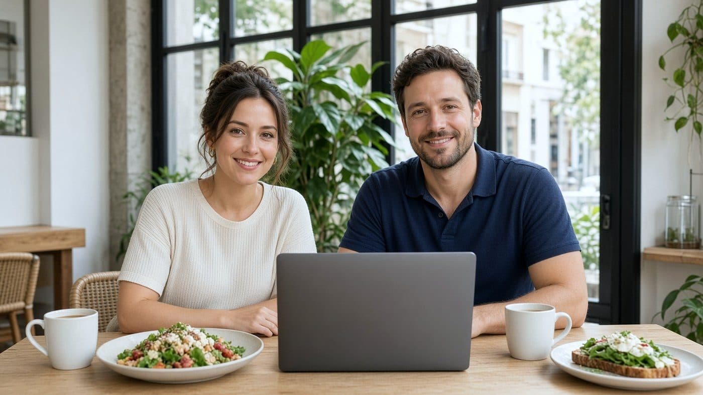 Two women at a bright restaurant table with a laptop