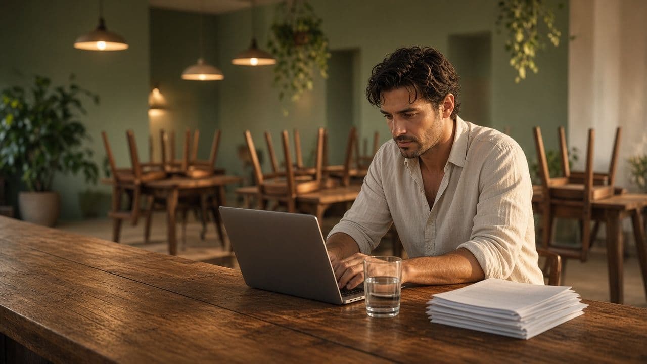 An owner working on a laptop at the bar after close, with the chairs up