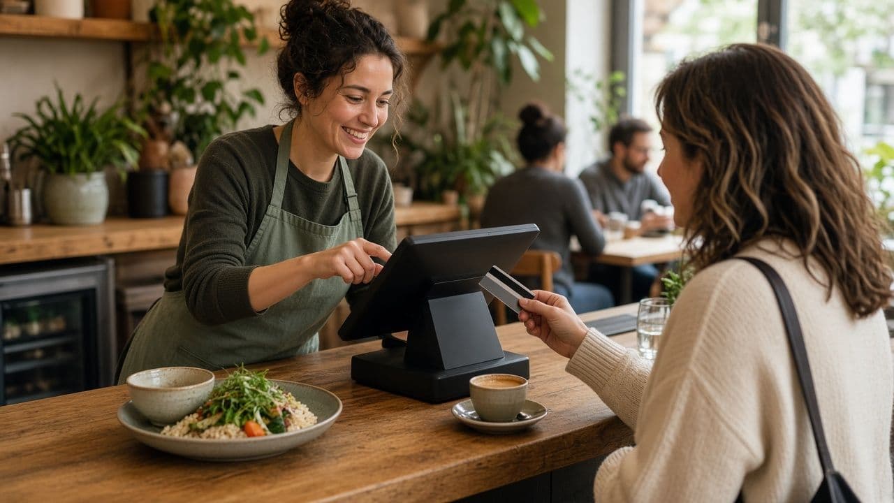 A server at a countertop register with a customer paying by card