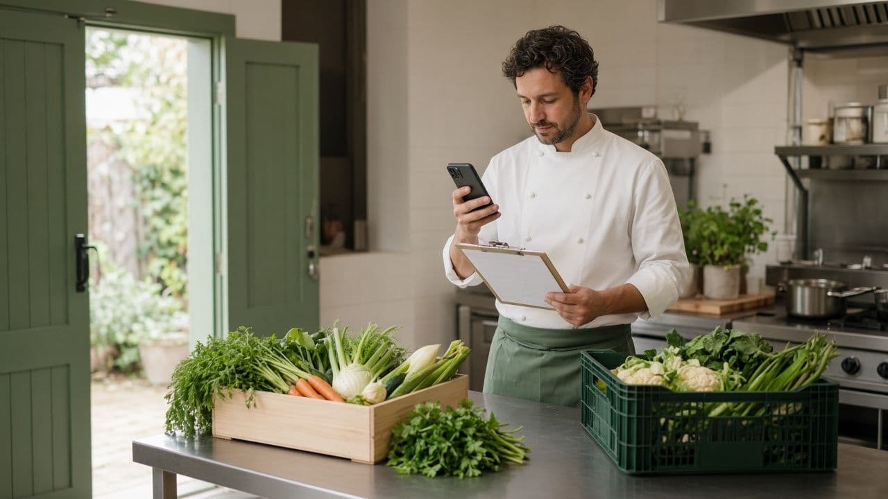 A chef with a phone and clipboard checking a produce delivery against the invoice